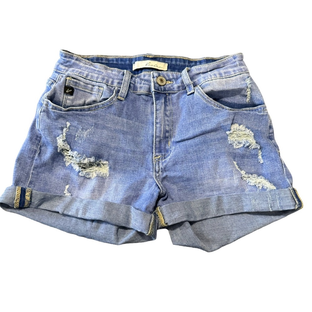 Kancan W7 / 27 High Rise Rolled Hem Jean Denim Shorts Distressed